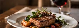 Plate of seared steak with herbs next to a glass of red wine