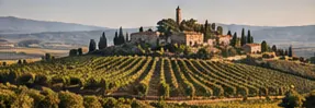 Rows of vines on rolling hills below a hilltop village